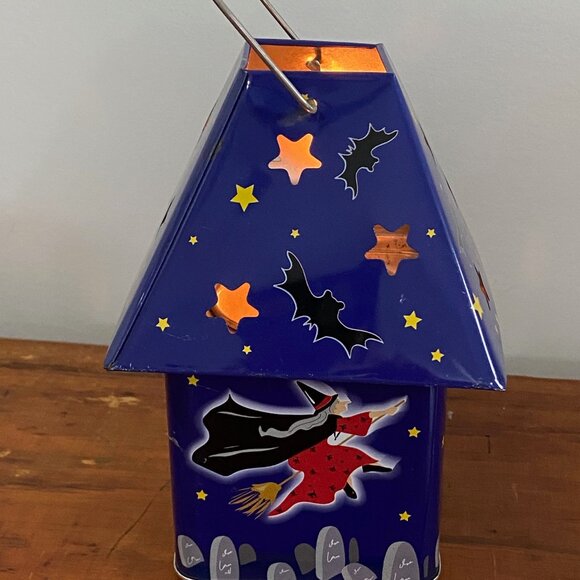 Halloween Tin - The Tin Box Company Radiant Glow Lantern Tin - Witch and Bats - Picture 1 of 14